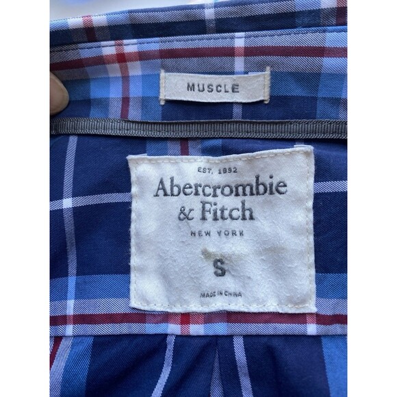 Abercrombie & Fitch Muscle Shirt Men S Plaid BlueRed Button Down Long Sleeve - Picture 10 of 10